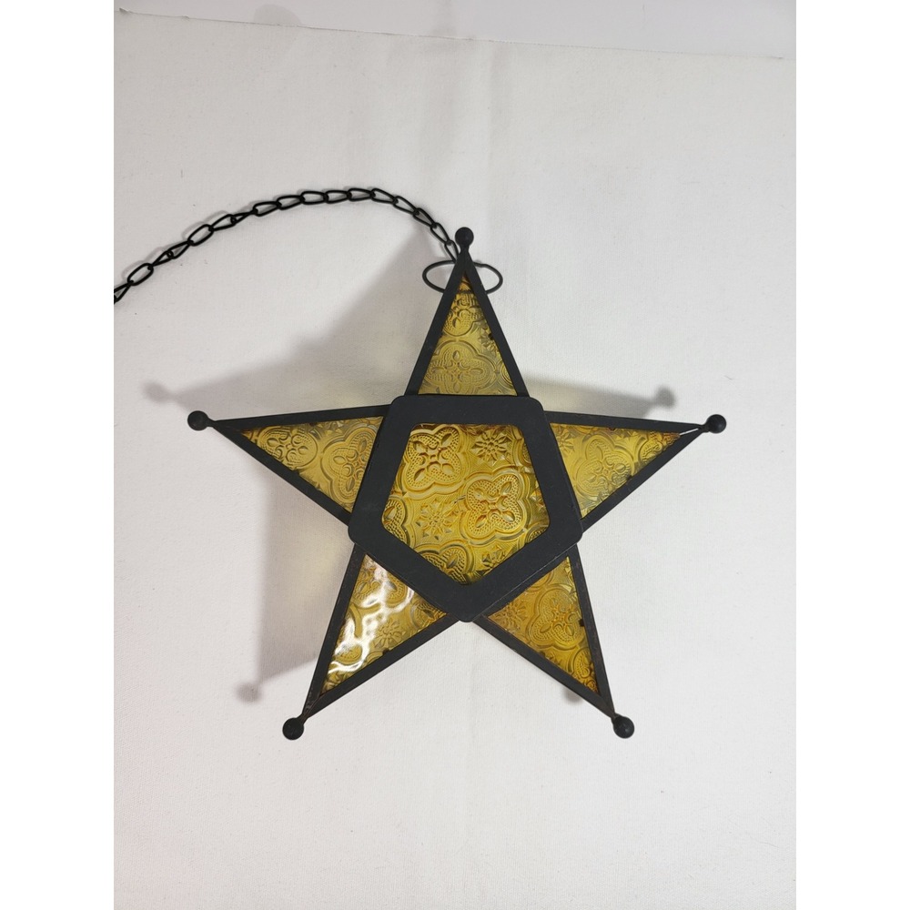 Moroccan Amber Glass Star Lantern Hanging Tealight Candle Holder Black Metal